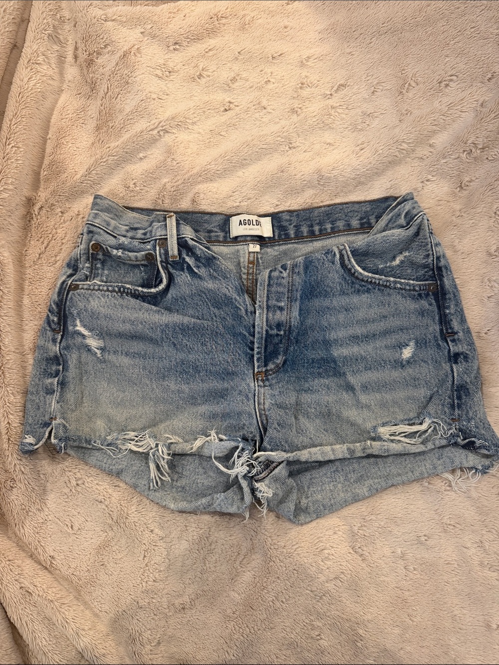 Agolde Light Blue Distressed Denim Cutoff Shorts